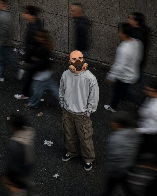 A street photography shot showing a man standing still wearing a gas mask, grey sweatshirt, and cargo pants, while blurred figures of pedestrians rush past him.