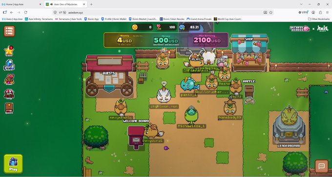 Screenshot of a browser game titled 'Axie: Den of Machines' showing various Axie creatures and player avatars in a green field environment with currency indicators (4 USD, 500 SLP, 2100 USD) at the top.