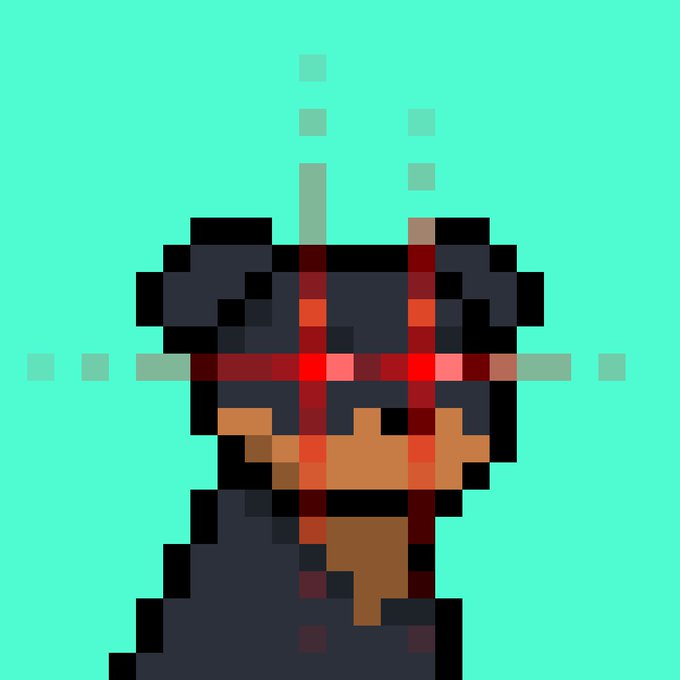 Pixel art portrait of a character resembling a red-masked warrior against a teal background.