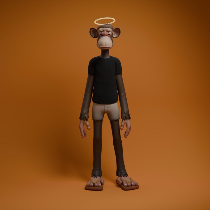 A 3D render of a Bored Ape-style monkey character with a halo, wearing a black t-shirt, beige shorts, and flip-flops, against an orange background.