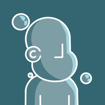 A stylized line art illustration of a person with bubbles floating around them on a dark teal background.