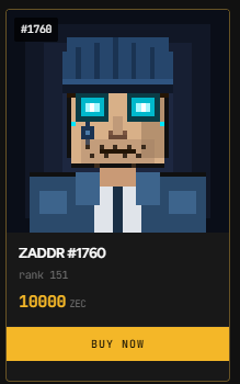 A pixel art NFT profile for 'ZADDR #1760' showing a blue-hooded character with glasses, ranked 151, priced at 10000 EEC with a 'BUY NOW' button.