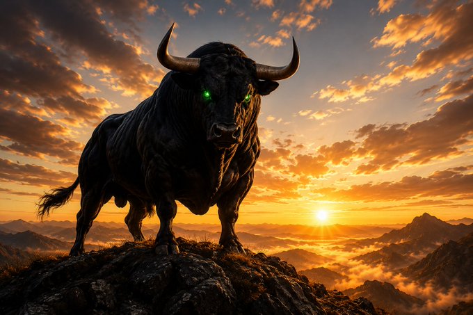 A dramatic image of a powerful black bull with glowing green eyes standing on a rocky peak at sunset.