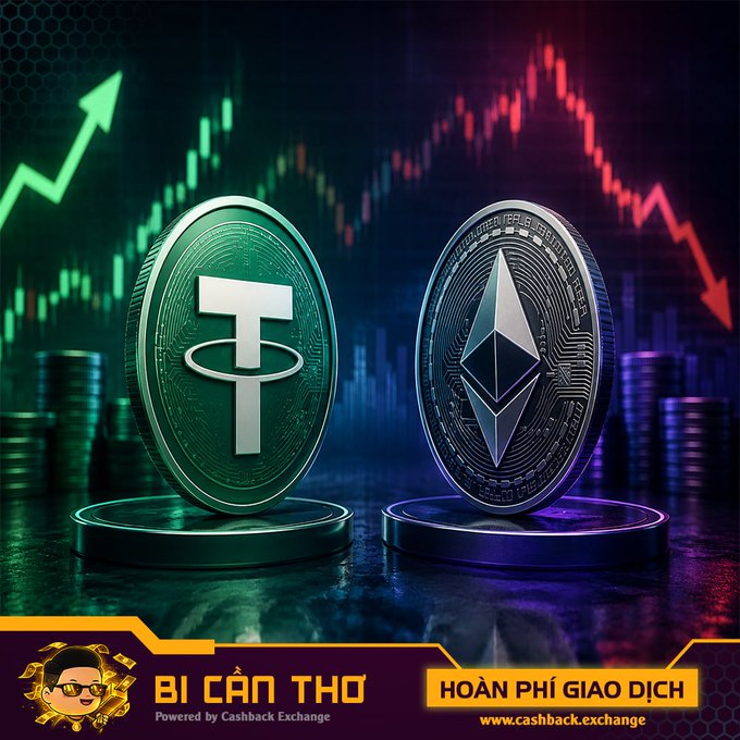 The image features two coins labeled "Tether" and "Ethereum" displayed side by side against a gradient background with a downward sloping line going through the center of the photo. There are stacks of USDC tokens below the display, indicating that these two coins represent different cryptocurrency exchanges or platforms for trading digital assets.