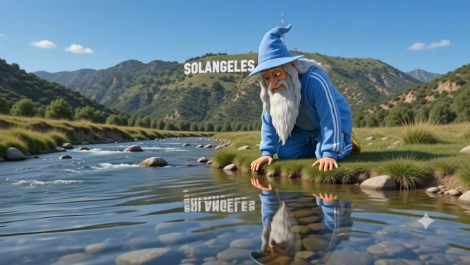 Whimsical scene of a wizard with a long white beard and blue robes crouched by a river in a mountainous landscape, with text "SOLANGELES" reflected in the water.