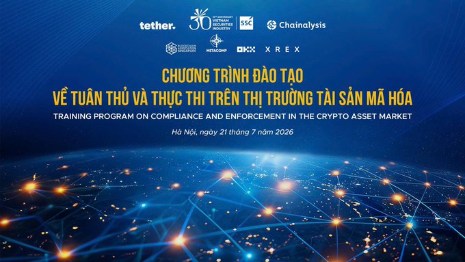 A promotional banner for the "Training Program on Compliance and Enforcement in the Crypto Asset Market" taking place in Hanoi on July 21, 2026, featuring partner logos including Tether, the SSC (30th anniversary of Vietnam's Securities Commission), Chainalysis, Singapore Blockchain Association, Metacorp, OKX, and XREX. The banner visually supports OKX's partnership announcement with the SSC and international organizations for this compliance training event.