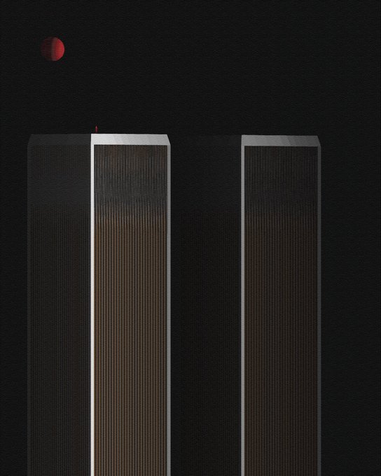 A minimalist dark composition featuring two tall vertical rectangular structures with ribbed textures, set against a black background with a red moon in the upper left corner.