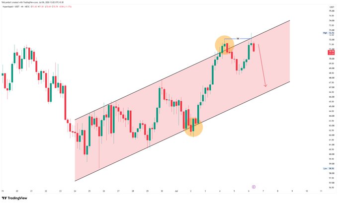 A TradingView candlestick chart displaying price action within a pink ascending channel with yellow highlighted zones and a red downward arrow indicating projected movement.