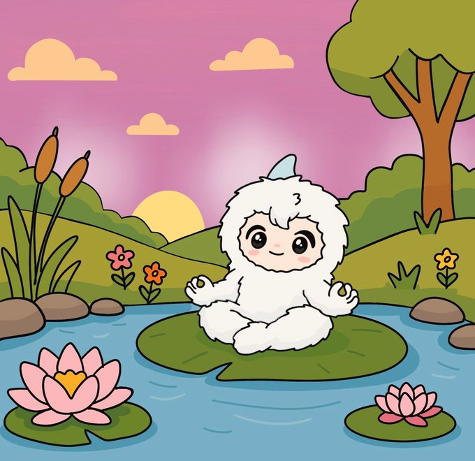 A white fluffy yeti-like cartoon character with a blue horn meditating in lotus position on a lily pad in a pond, surrounded by lotus flowers, with a sunset and landscape in the background.