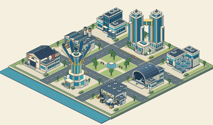 An isometric digital illustration showcases a futuristic cityscape featuring sleek skyscrapers, advanced energy facilities, and modern civic buildings arranged along a grid of tree-lined streets beside a waterway. The clean, low-poly art style with its crisp blue-and-white palette offers a fresh, stylized aesthetic that aligns with the post's request to explore a slightly different visual direction.