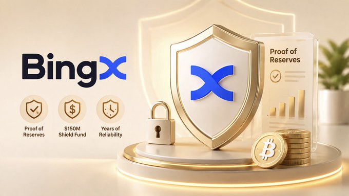 A promotional graphic for 'BingX' highlights features including 'Proof of Reserves', '$150M Shield Fund', and 'Years of Reliability', alongside a shield logo, padlock, Bitcoin coins, and bar chart.
