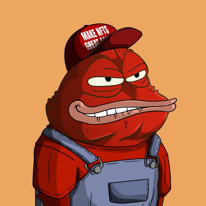 A cartoon red frog wearing overalls and a cap labeled “MAKE NFTS GREAT AGAIN” stands with a smug grin. It fits the post “this frog was just minted.” as a playful visual of a newly created NFT character.