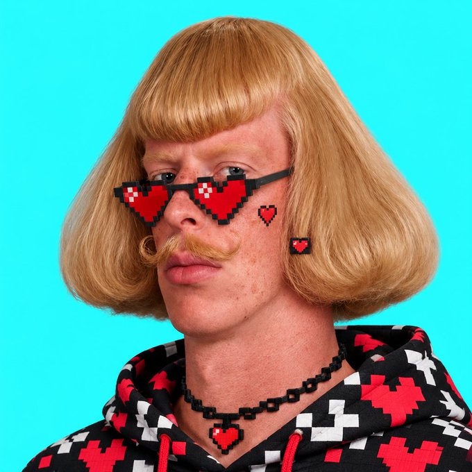 A person with a blonde bob haircut, a curled mustache, and pixelated heart sunglasses poses against a bright cyan background.