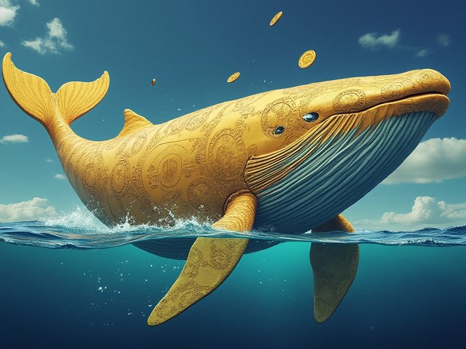 A majestic golden whale adorned with intricate coin engravings breaches the ocean surface, with Dogecoin tokens floating in the air around it—symbolizing the massive $590 million ($42M) Dogecoin accumulation by whales in a single day.