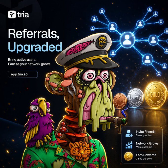 The image features a cartoon character dressed as a pirate with a green shirt and a hat, holding a pipe and surrounded by various coins. The background of the image shows a network of blue lines connecting different people or objects. The caption below the image reads "Referrals, Updated" in white text on a black background.
