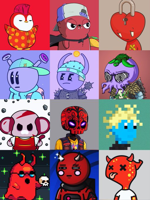 A 3x3 grid of NFT-style cartoon characters featuring various designs including a chicken, devil, alien, skull, and pixelated figure in different colorful art styles.