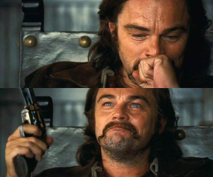 A two-panel cinematic image of a man with dark hair and a mustache; the top panel shows him deep in thought, while the bottom panel reveals him holding a revolver.