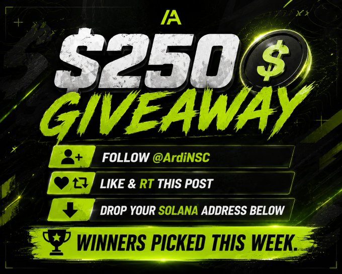 A bold $250 giveaway graphic featuring a dollar coin icon, listing entry requirements (Follow @ArdiNSC, Like & RT, drop Solana address), and announcing "WINNERS PICKED THIS WEEK" — matching the post's community giveaway announcement for $USDT.