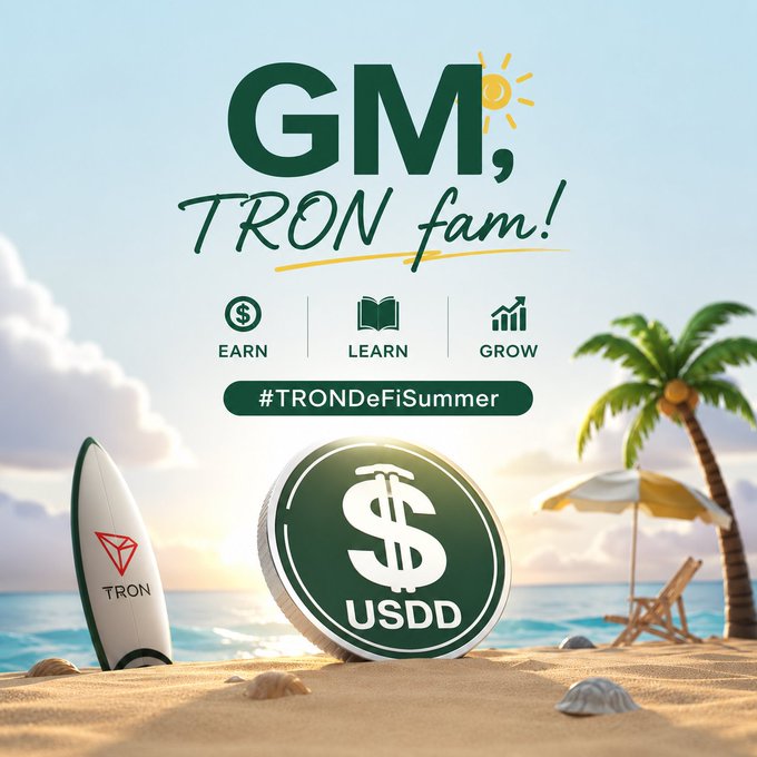 A promotional graphic for TRON says 'GM, TRON fam!' with icons for Earn, Learn, and Grow, the hashtag #TRONDeFiSummer, a TRON surfboard, and a USDD coin on a beach.
