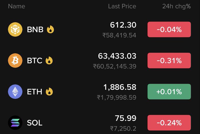 A cryptocurrency price tracker displaying BNB, BTC, ETH, and SOL with their last prices in both USD and INR, along with their 24-hour percentage changes.