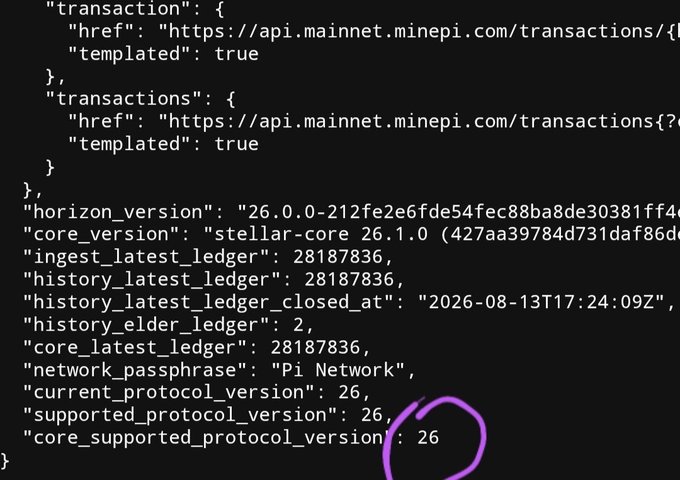 The image shows a JSON snippet from the Pi Network Mainnet API, highlighting "core_supported_protocol_version: 26" with a purple hand-drawn circle, confirming Pi Network's Mainnet upgrade to Protocol V26 as announced in the post.