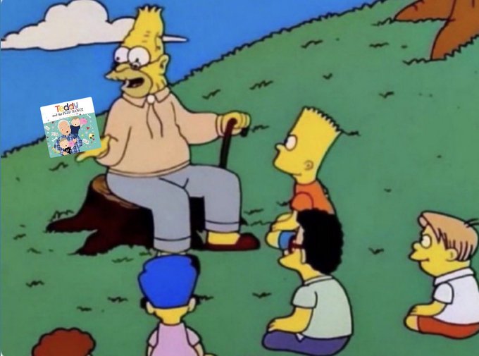 A scene from The Simpsons shows Grandpa Simpson reading to children on a grassy hill, holding a book titled 'Todd and the other things'.