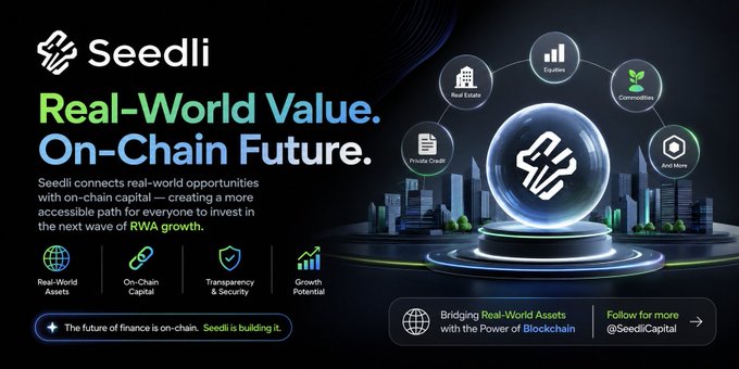 A promotional graphic for 'Seedli' featuring the tagline 'Real-World Value. On-Chain Future,' explaining how it connects real-world opportunities with on-chain capital through blockchain.