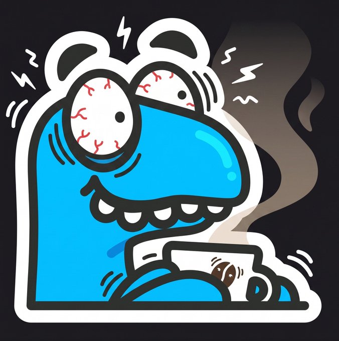 A cartoon sticker depicts a blue, bear-like character with bulging, bloodshot eyes driving a vehicle while holding a coffee cup, with smoke and motion lines in the background.