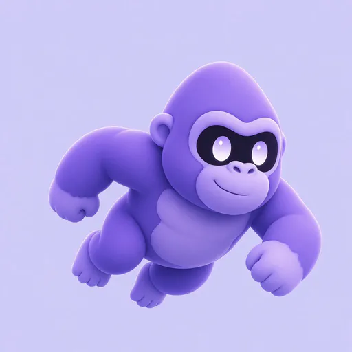 A 3D-rendered purple cartoon gorilla character in a playful pose with large eyes and a friendly smile against a lavender background.
