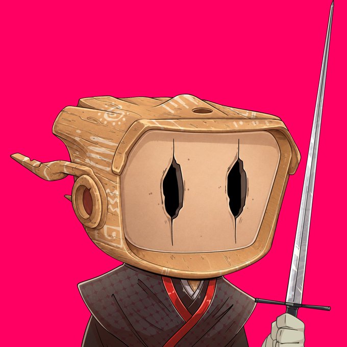 A digital illustration of a character with a wooden, robot-like head holding a sword against a solid pink background.