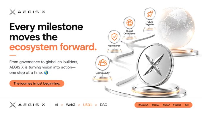 A promotional graphic for AEGIS X featuring a silver coin with an "X" emblem displayed alongside interconnected icons labeled "Governance," "Community," "Global Co-builders," and "Future Together," visually reinforcing the message that each milestone—from governance to global collaboration—propels the AEGIS X ecosystem forward, accompanied by the hashtags #AEGISX, #USD1, #DAO, #Web3, and #AI.