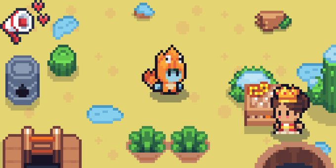 A pixel art illustration featuring a small orange cat-like character, a princess with a crown, treasure chests, cacti, and a spaceship against a yellow background.