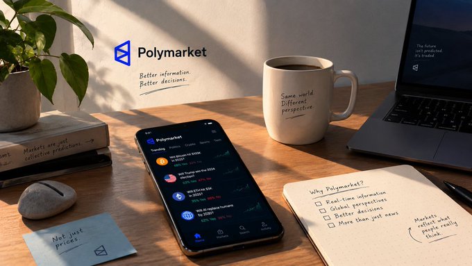 A promotional image for Polymarket showing a phone displaying the app interface on a wooden desk next to a laptop, coffee mug reading 'Same world Different perspective', and a plant.