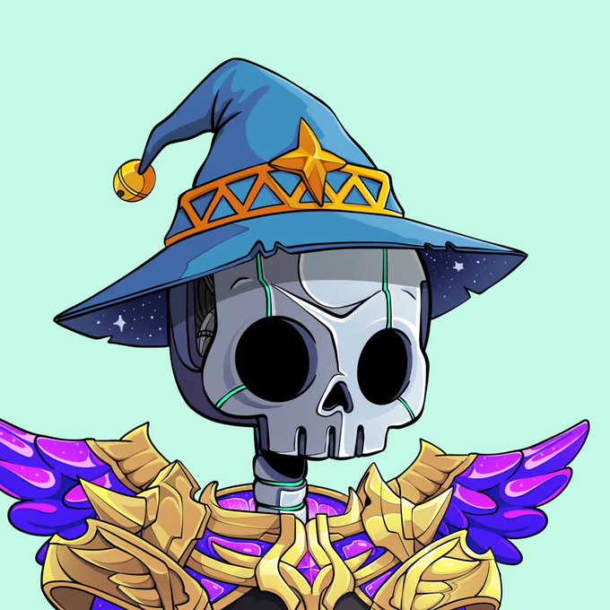 The image features a cartoon-style illustration of a robot or skeleton wearing a blue hat with a star on top. The robot has wings and is dressed in a suit that appears to be made of metal. The caption "New @DedGorgez wizard, who dis?" suggests the presence of a new character or a new version of an existing character within the post.