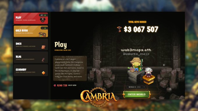 A screenshot of the Cambria NFT gaming website showing a Play page with 'TOTAL KEYS MINED $3,067,507' and the URL 'web3mops.eth / @waland_mort'.