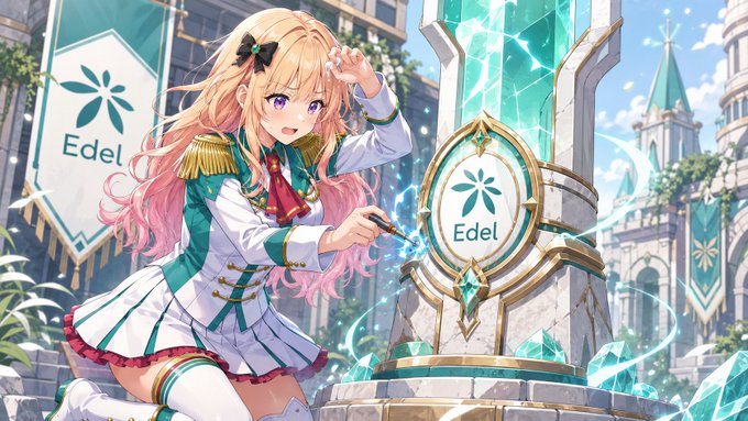 An anime-style illustration features a pink-haired girl in a white and teal outfit posing near a magical crystal monument branded with the 'Edel' logo.