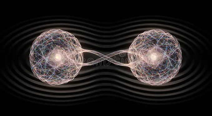 An abstract digital illustration shows two glowing wireframe spheres connected by an hourglass-shaped energy tunnel against a black background with flowing wave patterns.