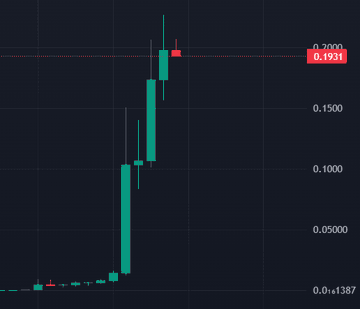 A candlestick chart showing a sharp price surge to 0.1931 (near 0.2000) from a baseline around 0.0+1387, illustrating the dramatic pump-and-dump pattern typical of micro-cap meme tokens like $CashCat or $VladDog that were promoted by influencer "Vlad" on social media.