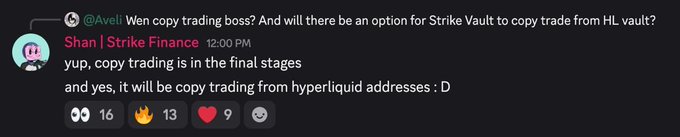 A Discord screenshot shows a user @Aveli asking about copy trading and Hyperliquid vault options, with Strike Finance user "Shan" responding that copy trading is in its final stages and will include the ability to copy trade from Hyperliquid addresses. The exchange, with reactions of 16 eyes, 13 fire, and 9 heart emojis, aligns with the teaser post by teasing Strike Finance's upcoming copy trading feature launch.