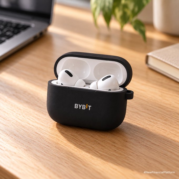 An open black silicone case branded 'BYBIT' holds a pair of white wireless earbuds on a wooden desk, with a laptop and plant visible in the background and the hashtag '#NewFinancialPlatform' in the corner.
