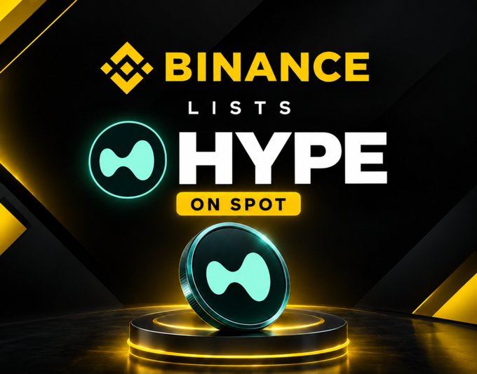 A promotional graphic announces 'BINANCE LISTS HYPE ON SPOT' featuring the green HYPE token logo on a black and yellow background.