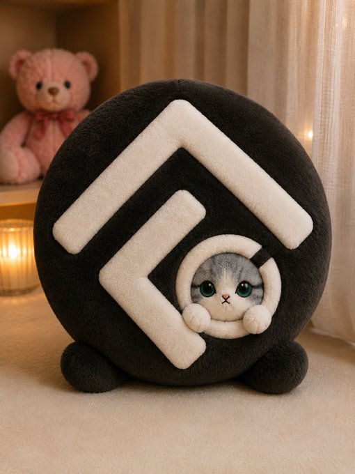 A plush black circular cushion featuring a white emblem design, with an adorable illustrated gray and white cat peeking through a circular cutout, set in a cozy room with a pink teddy bear.