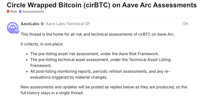 A forum post titled 'Circle Wrapped Bitcoin (cirBTC) on Aave Arc Assessments' from AaveLabs in the Aave Labs-Technical SP section, outlining pre-listing and post-listing risk and technical assessments.