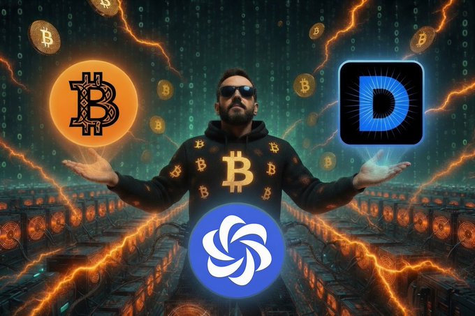 An AI-generated image of a man in a Bitcoin-patterned hoodie and sunglasses holding a glowing Bitcoin in one hand and a 'D' logo in the other, with a Solana logo displayed below, set against a dramatic digital/electrical background.
