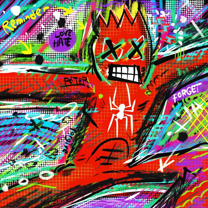 A chaotic, vibrant graffiti-style artwork featuring a red skull-like figure with X eyes and a spider on its chest, surrounded by colorful scribbles, halftone patterns, and words including 'Reminder', 'Love HATE', and 'FORGET'.