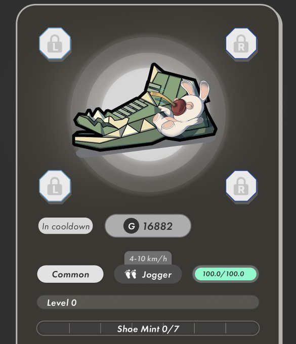 A sneaker NFT card from the STEPN app displays a green and white running shoe with a bunny inside, classified as 'Common' type 'Jogger' at Level 0, priced at 16882 G, with the status 'In cooldown'.