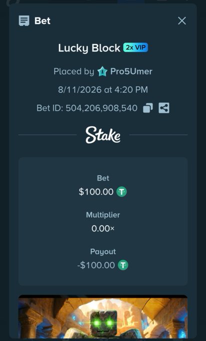 A screenshot of a Stake betting slip showing a "Lucky Block" bet of $100.00 placed by Pro5Umer with a 0.00× multiplier and -$100.00 payout.