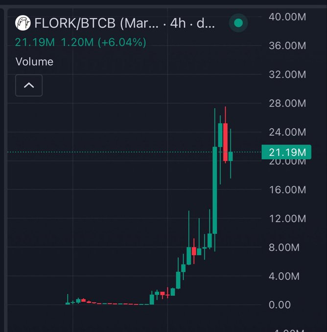 A trading chart for FLORK/BTCB with a 4h timeframe, showing a significant upward price movement with green and red candles, volume of 21.19M, and a 6.04% gain.