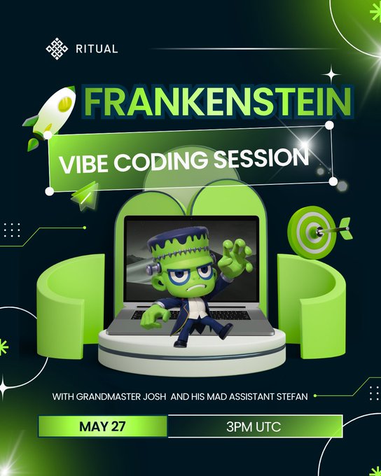The image features a poster advertising a virtual coding session called "frankenstein vibes". The poster has a green frog character sitting on top of a laptop computer with a green skull and crossbones design, surrounded by various tech-related elements such as a rocket ship and a computer mouse. The poster also includes the date, time, and location for the event, which is scheduled to take place at 3PM UTC on May 27th.