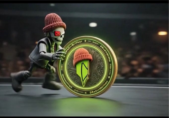 A 3D rendered skeleton character wearing a red beanie and chains, pushing a large glowing green coin featuring a leaf logo in what appears to be a wrestling ring.